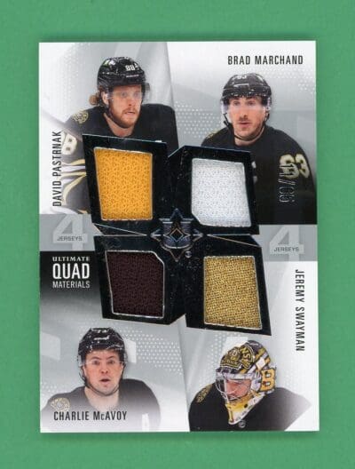 2024-25 UD Ultimate Pastrnak, Marchand, McAvoy, & Swayman Quad Patch #QM-PMMS