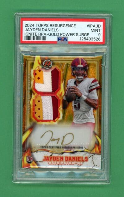 2024 Topps Resurgence Jayden Daniels Gold RC Patch Auto 22/50 PSA 9