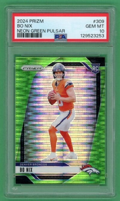 Bo Nix 2024 Panini Prizm Neon Green Pulsar Rookie Card #309 PSA 10