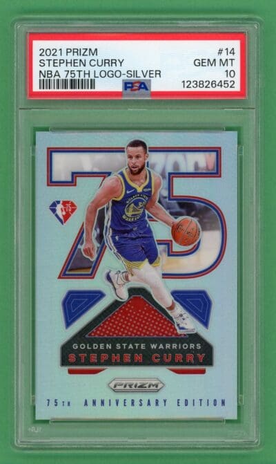 Stephen Curry 2021-22 Panini Prizm Silver 75TH NBA Logo #14 PSA 10