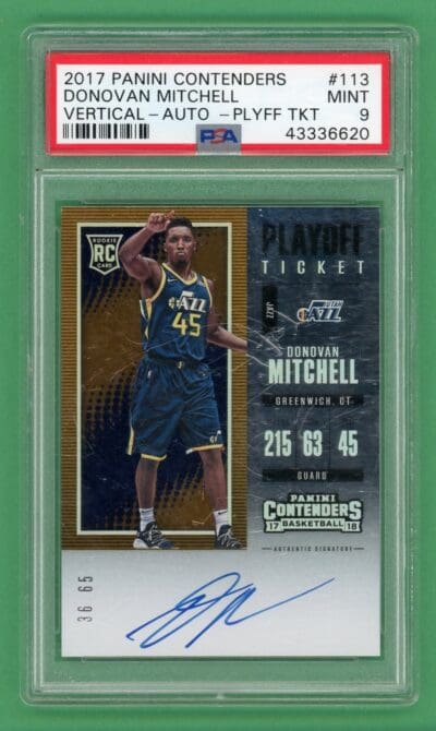 Donovan Mitchell 17-18 Panini Contenders Rookie Playoff Ticket Auto /65 #113 PSA 9